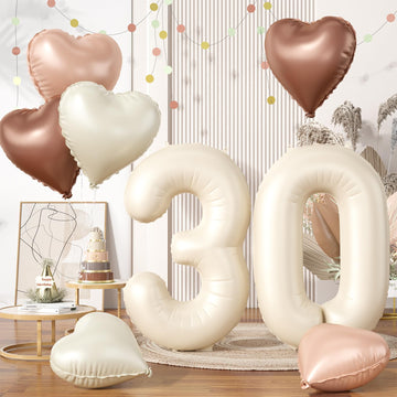 Biapian 40 Inch Cream Number 30 Balloons, 8Pcs Large Foil Number 3 & 0 Balloons With 18'' Cream White Heart Balloon For 30Th Yea