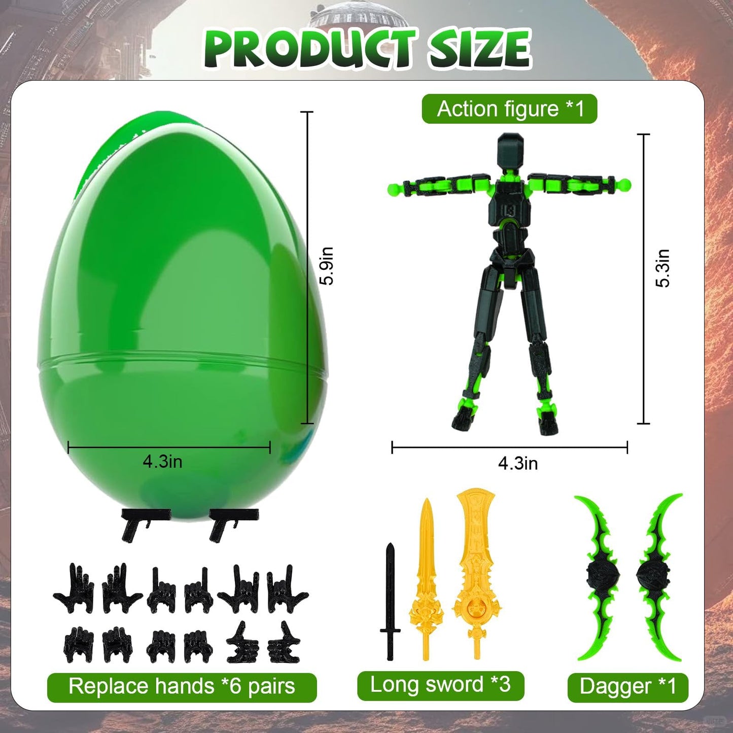 Memogizz T13 Action Figure Set, Pre-Filled Easter Egg With 3D Printed Toy, Easter Basket Stuffers For Adults, 1Pack, Greenblack