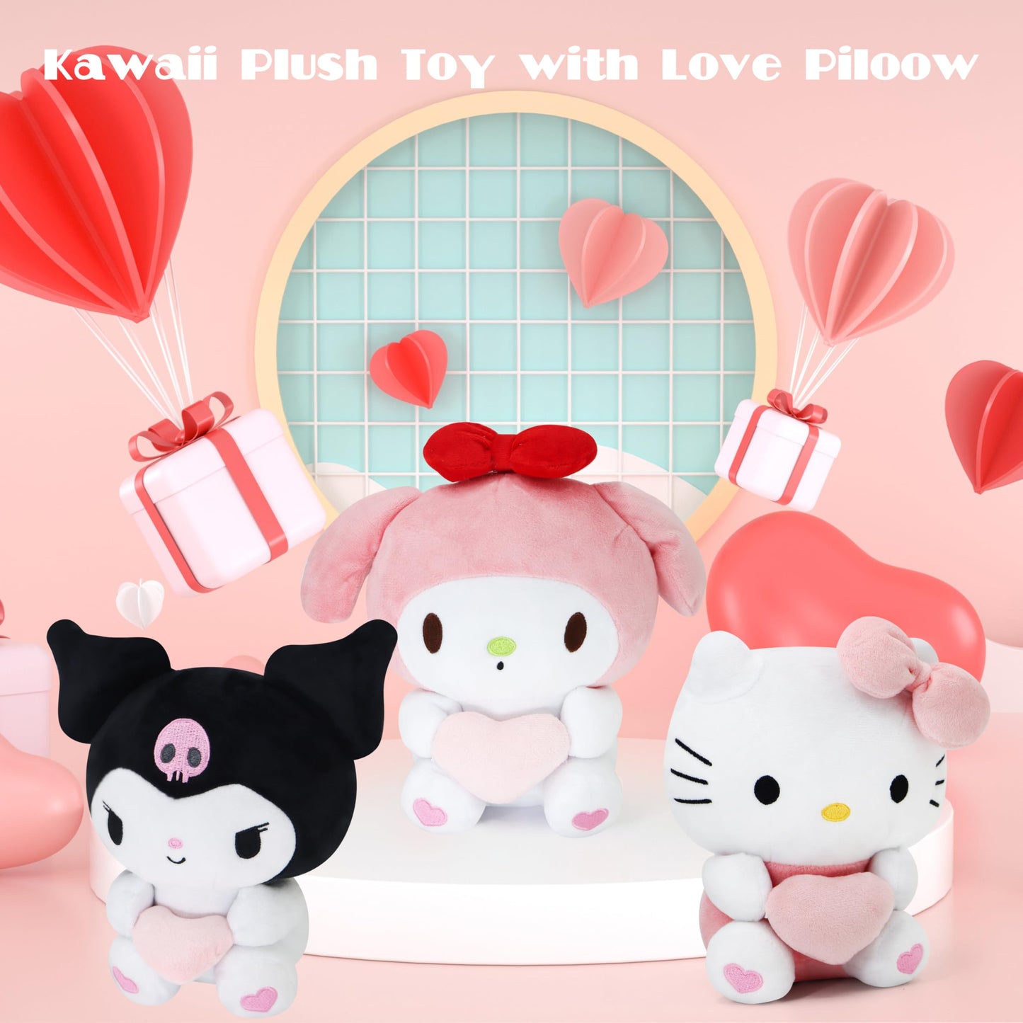 Coaqac Kawaii Plush Toy With Love Piloow, Soft Cartoon Plush, Theme Party Favor, Birthday Gift For Girls Boys (Pink A)