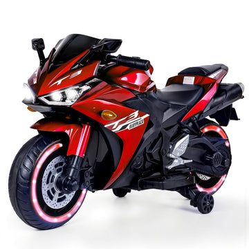 Blitzshark 12V Electric Motorcycle  Kids Motorcycle with Training Wheel  7AH Battery Ride On Motorbike for Kids 3.2 MPH Max Speed  Twist Grip Throttle  Brake Pedal  Soft Tires  Extra Long Seat  Red