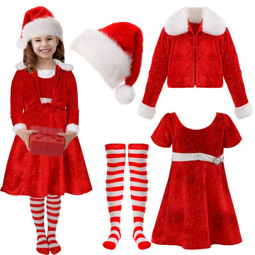Panitay 4 Pcs Girls Christmas Costume Red Santa Claus Outfit Hat Jacket Dress Tights For Little Girls Kids Holiday Cosplay(Large