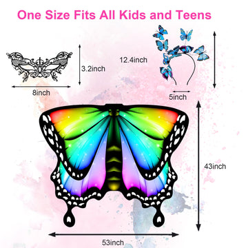 Rektak Butterfly Wings For Girls, Butterfly Costume For Halloween Party Kids Fairy Wing With Mask And Headband(Rainbow-1)