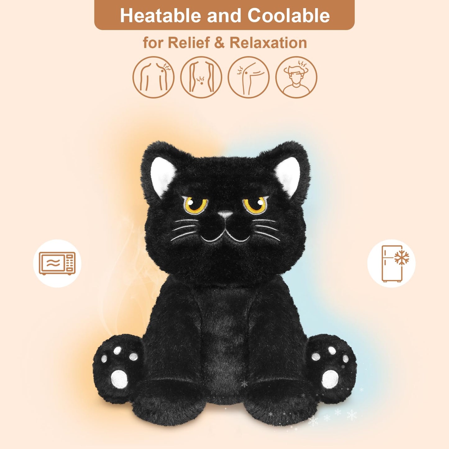 Suzzipals Microwavable Grumpy Black Cat Stuffed Animals Lavender Scent, Heated Stuffed Animals Heating Pads For Cramps & Pain, B