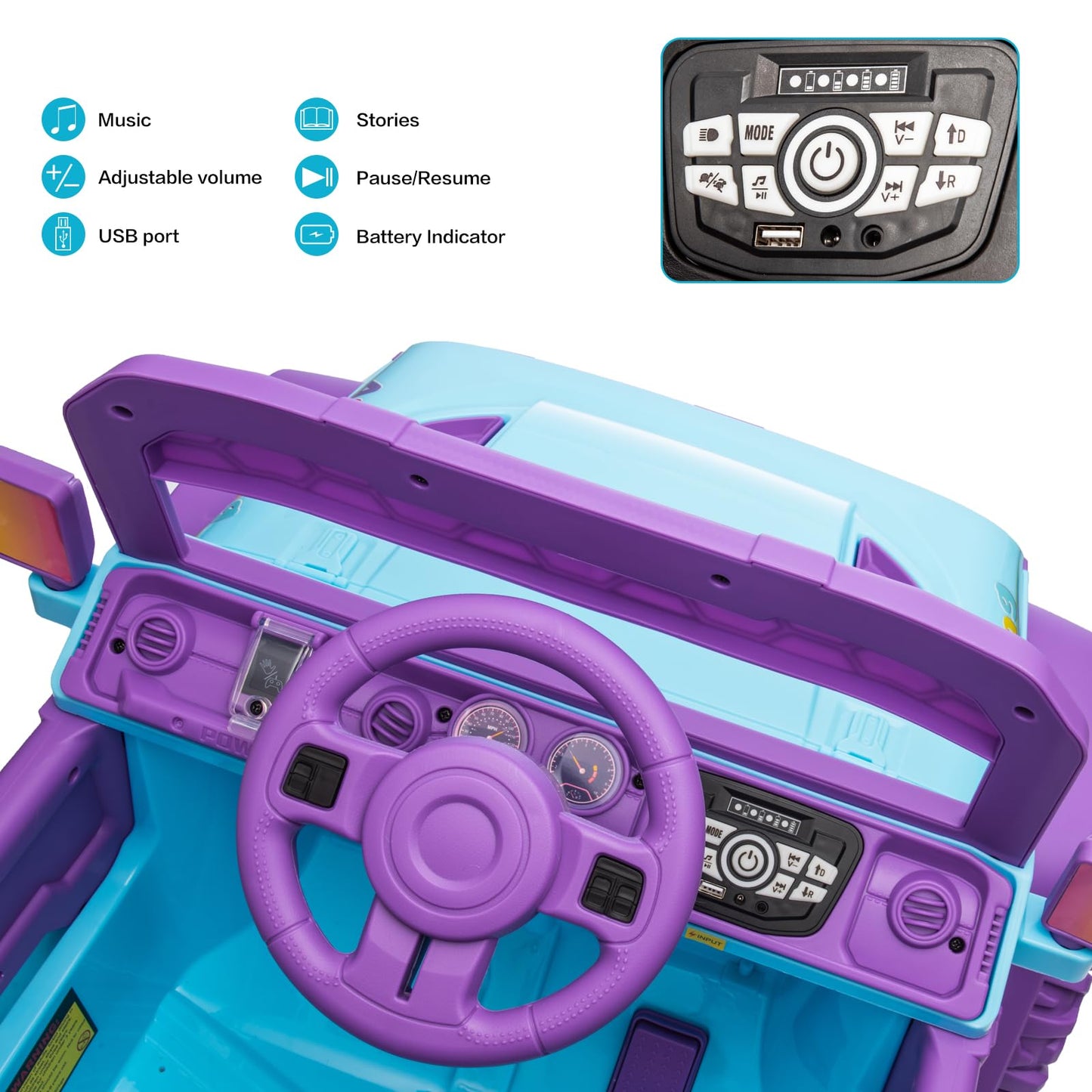 Modern-Depo 12V Kids Ride On Car Unicorn Truck With Diy Stickers, Manual/Remote Control Electric Car With Led Lights, 2 Motors, 2 Speeds, Openable Doors, Spring Suspension, Music Player, Purple/Cyan