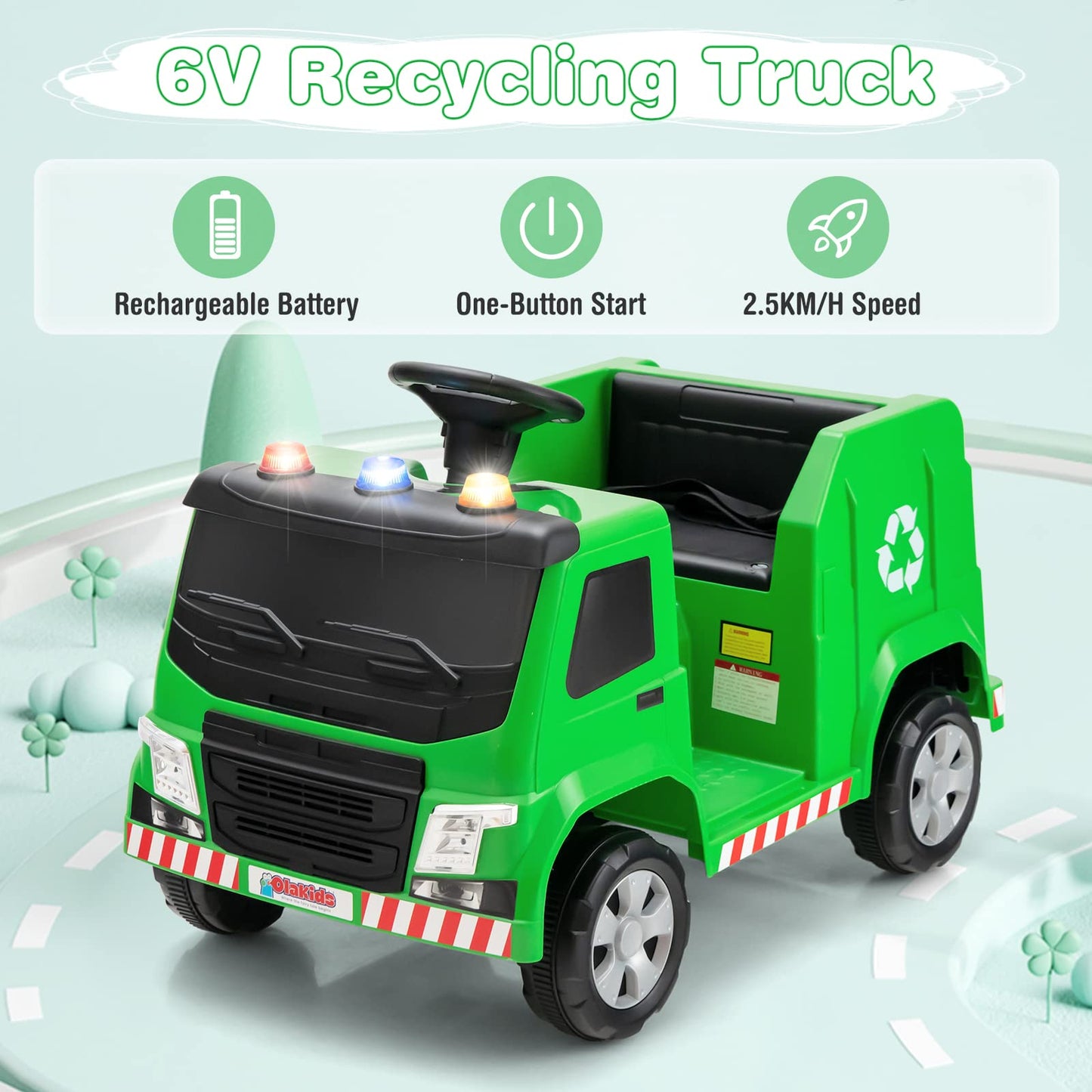 Olakids Ride On Car, Recycling Garbage Truck Electric Vehicle With Music, Horn, Warning Lights, Recycling Accessories Included, Toddlers Battery Powered Trash Toy For Boys Girls (Green)