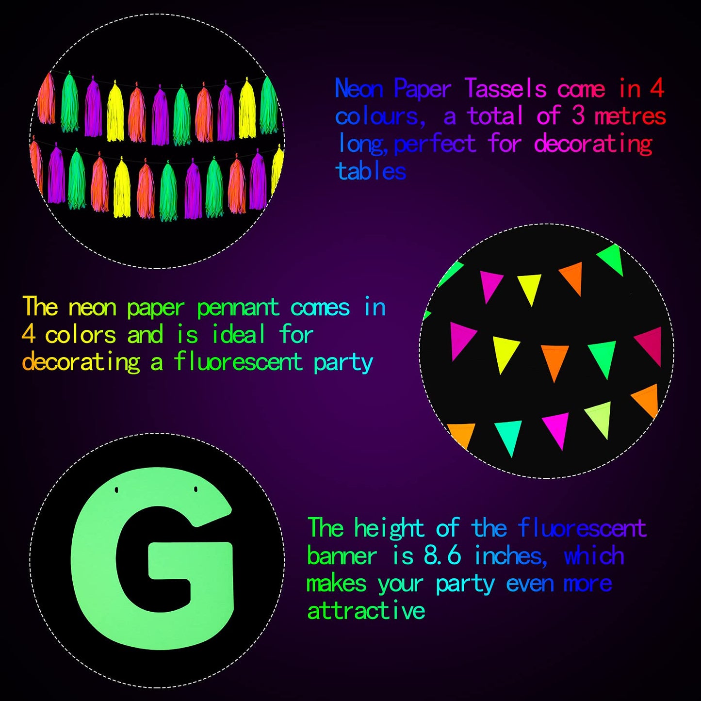 Outus Neon Party Supplies Includes Lets Glow Banner 20 Pieces Neon Paper Tassels and Neon Triangle Flag Glow in The Dark Party