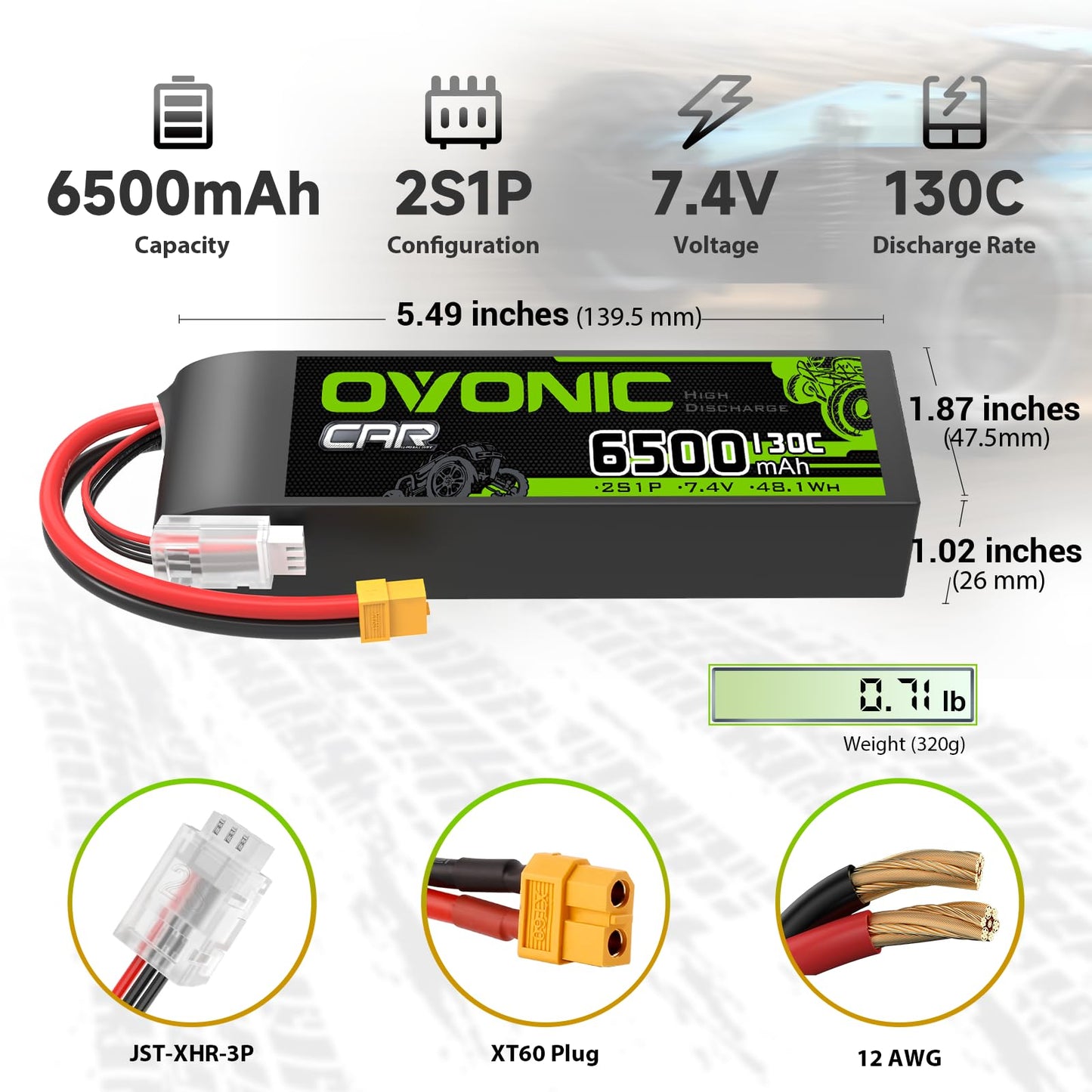 Ovonic 2S Lipo Battery 6500Mah 7.4V 130C Rc Battery With Xt60 To Tra Connector