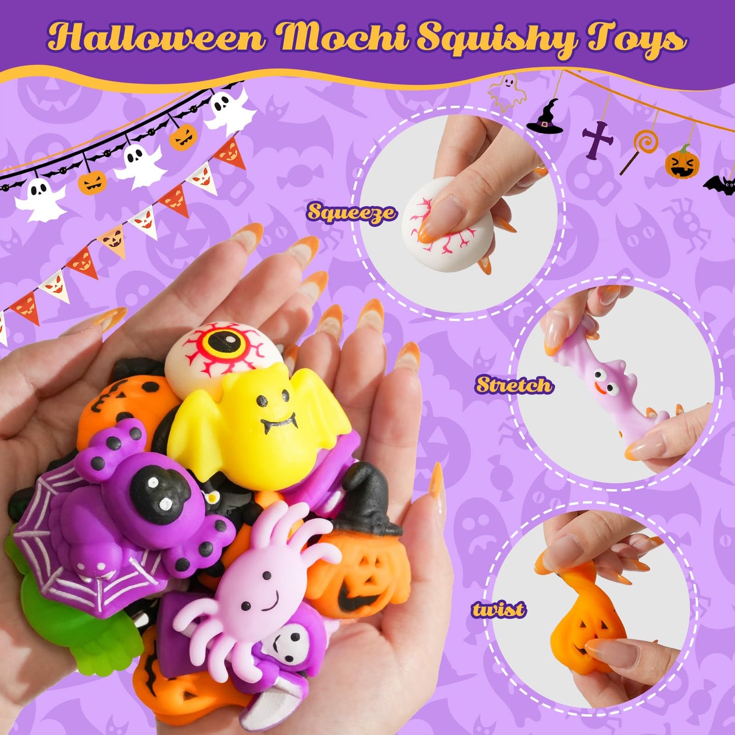 24PCS Halloween Mochis Squishies for Kids  Mochi Squishy Toys Bulk  Halloween Fidget Toys for Trick or Treat  Basket Goodie Bags Stuffers  Treasure Box  Boys  Girls  Classroom Party Favors  Gifts