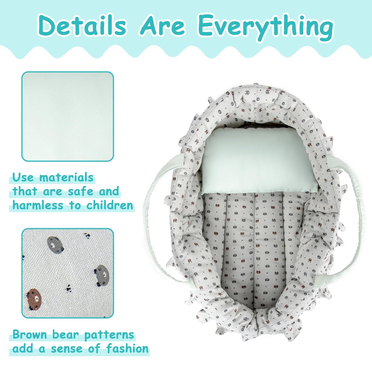 Rakki Dolli Doll Carry Cot Set, Sweet Dreams Soft Bassinet Doll Carrier Includes 1 Cot And 1 Pillow, Grayish Green Bear Doll Bassinet, Fits For 16 Inch American Girl Dolls