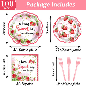 Qyeahkj 100 Pcs Strawberry Baby Shower Party Plates Napkins Forks Supplies Set Sweet Berry Tableware Party Supplies A Berry Swee