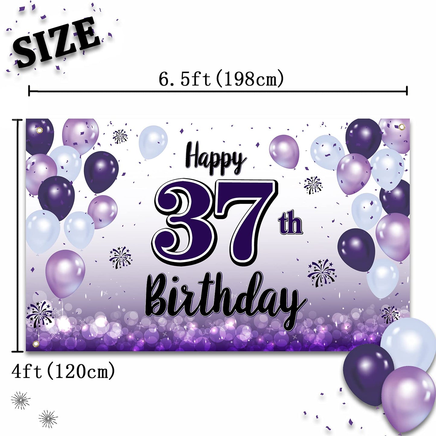 LASKYER Happy 37th Birthday Decorations,37th Purple Balloon Large Birthday Banner Backdrop Sign,37 Years Old Bday Party Supplies