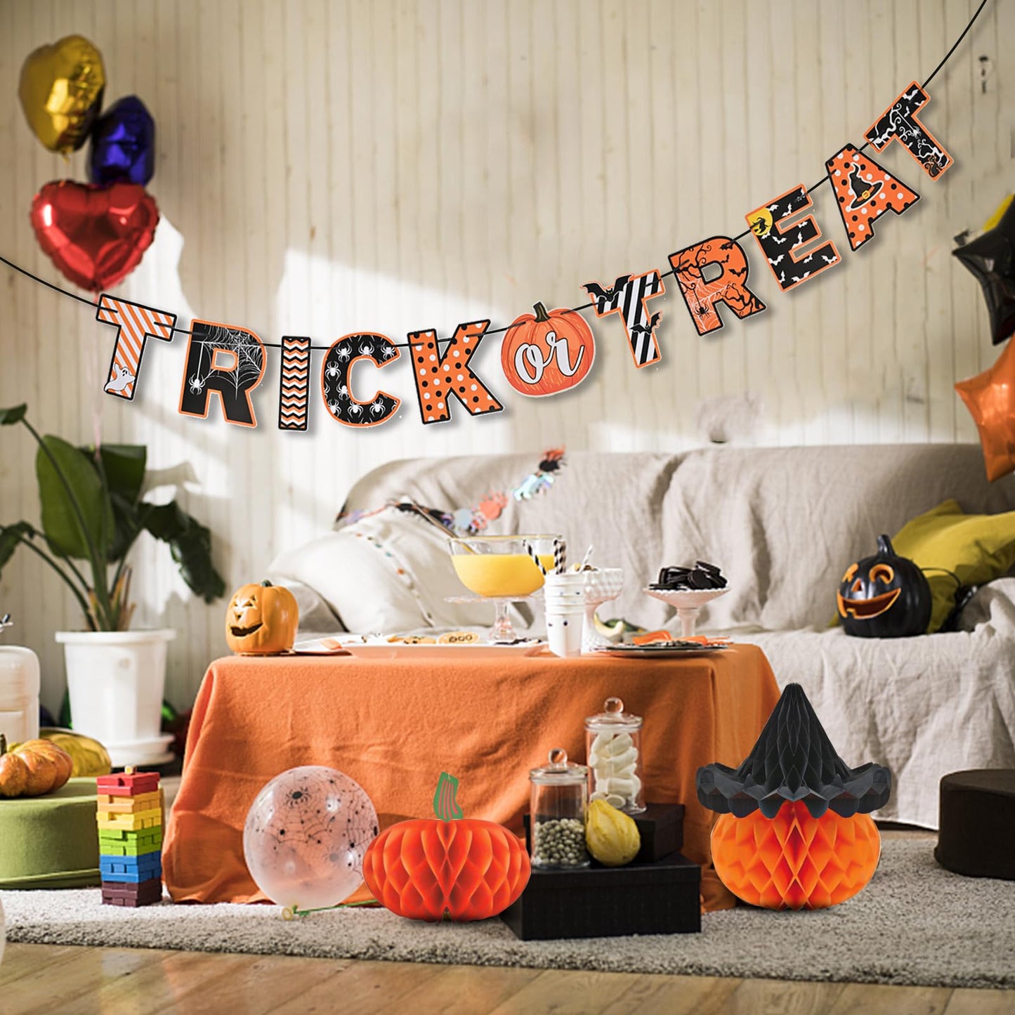 Halloween Trick Or Treat Paper Party Banner Fireplace Decor, Ahfulife Halloween Hanging Bunting Garland Sign For Halloween Party