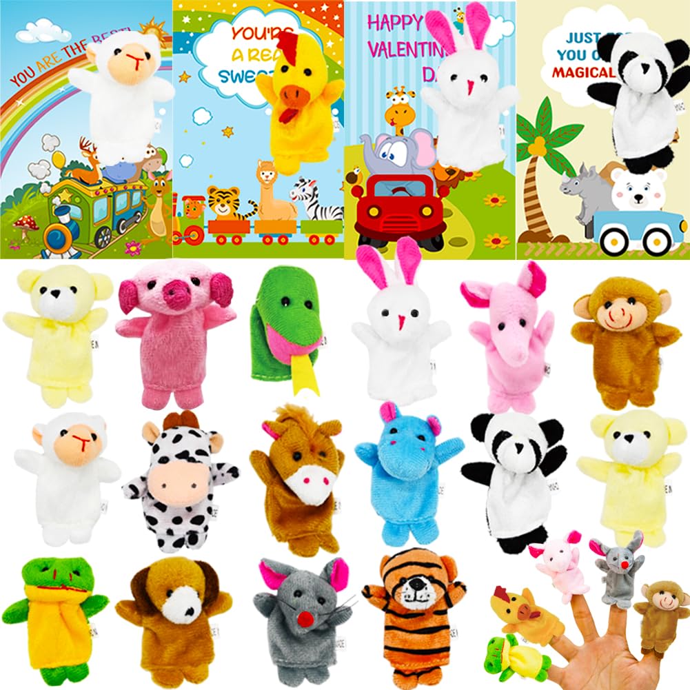 Valentines Day Card With Plush Animal Finger Puppet Toys Sets, 16Pcs Cartoon Hand Puppets For Kids Valentine'S Day Preschool Classroom Exchange Prizes, Valentine Theme Party Favor