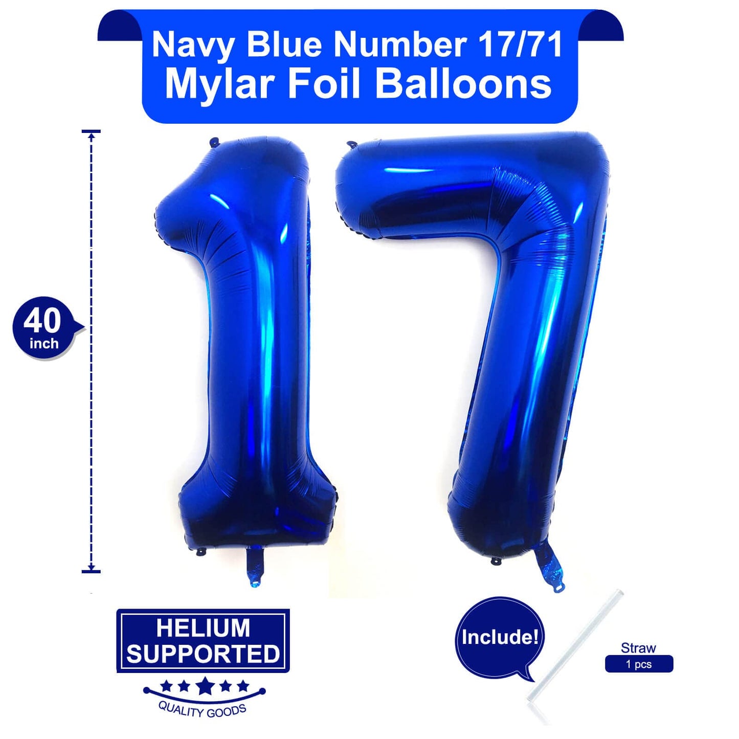 LHOAVWE 40 Inch Navy Blue 17 Number Balloons, Giant Jumbo Foil Mylar Helium Digital Balloons for 17th Birthday Party Decorations