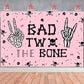 Wonmelody Bad Two The Bone Backdrop Banner Birthday Decorations for Girls Skeleton Theme 2nd Birthday Decorations Pink Black Mus