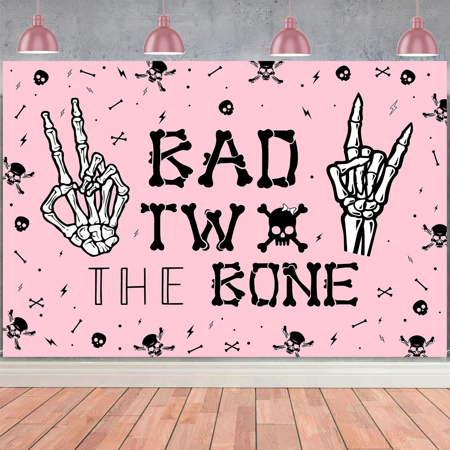 Wonmelody Bad Two The Bone Backdrop Banner Birthday Decorations for Girls Skeleton Theme 2nd Birthday Decorations Pink Black Mus