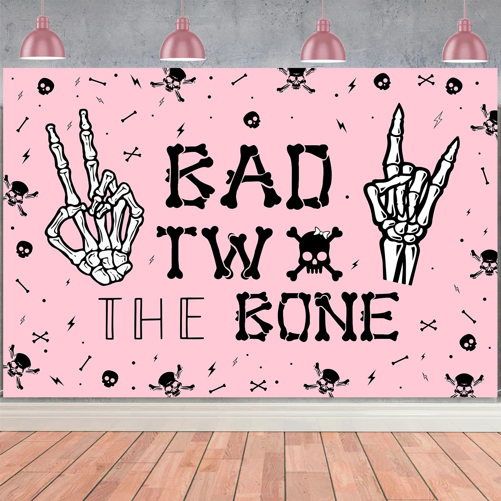 Wonmelody Bad Two The Bone Backdrop Banner Birthday Decorations for Girls Skeleton Theme 2nd Birthday Decorations Pink Black Mus