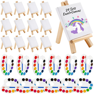 Zubebe Mini Watercolor Paint Sets 12 Colors Watercolor 3 x 3 Painting Canvas Panel Wooden Easel Set Stretched Canvas Easel Pai