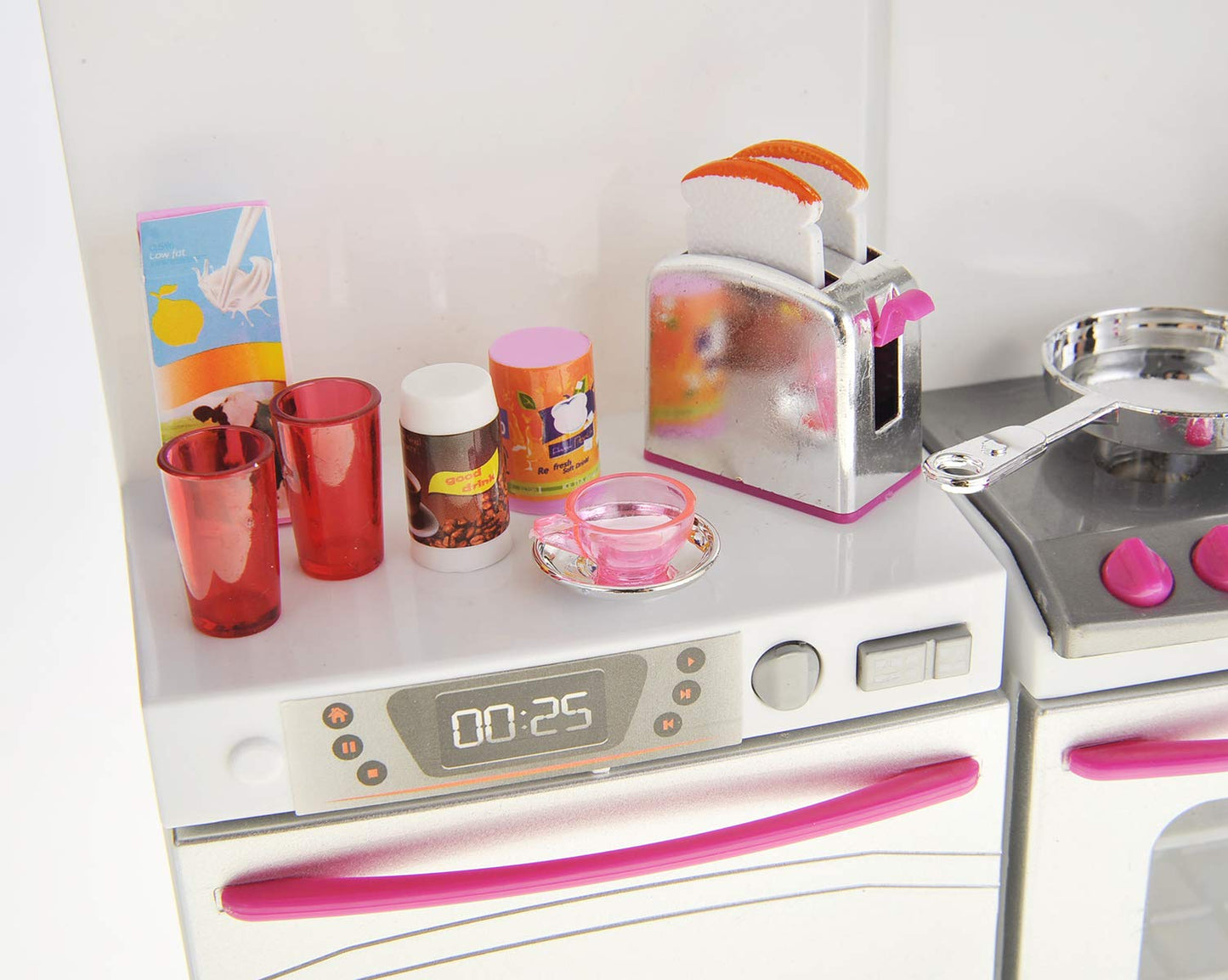 Doll Kitchen Playset, Mini Modern Kitchen Toys Pretend Play Furnitures Toy Sets Accessories Set with Realistic Light & Sound for