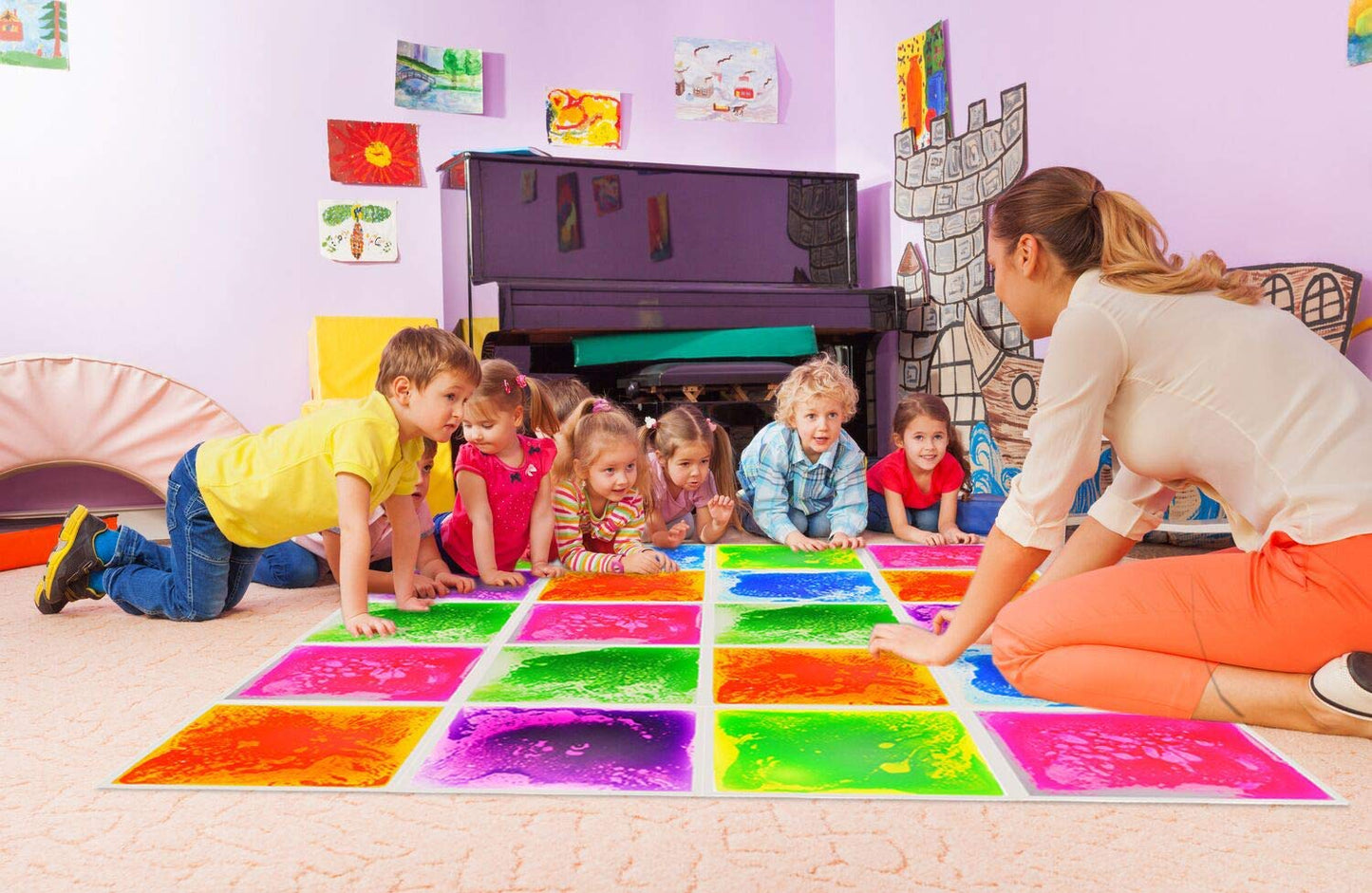12 Inch X 12 Inch Colorful Liquid Floor Tile Mat For Kids, Bright Blue, Astm, Bs En71, Cpsia Certified