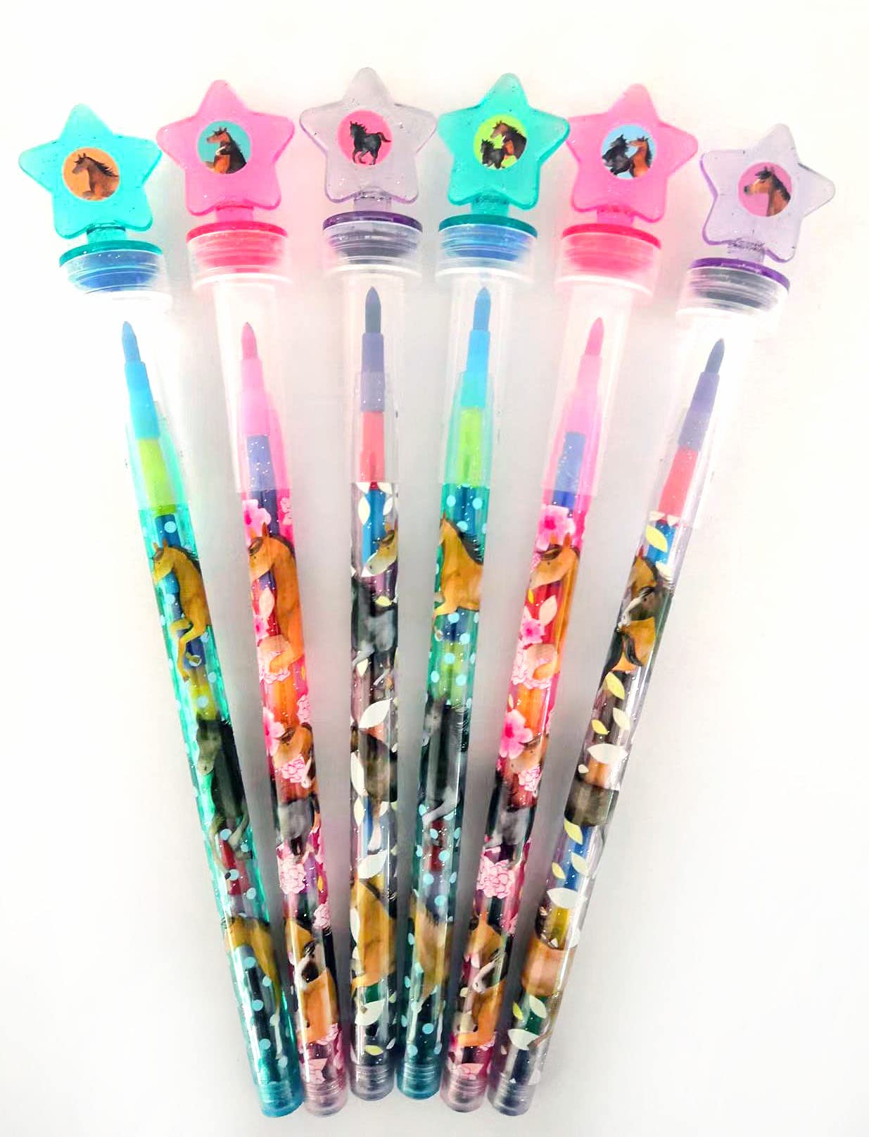 TINYMILLS 24 Pcs Horse Pony 2 in 1 Stackable Stacking Crayon with Extra Stamper Topper, Kids Party Favors, Goodie Bag Stuffers,