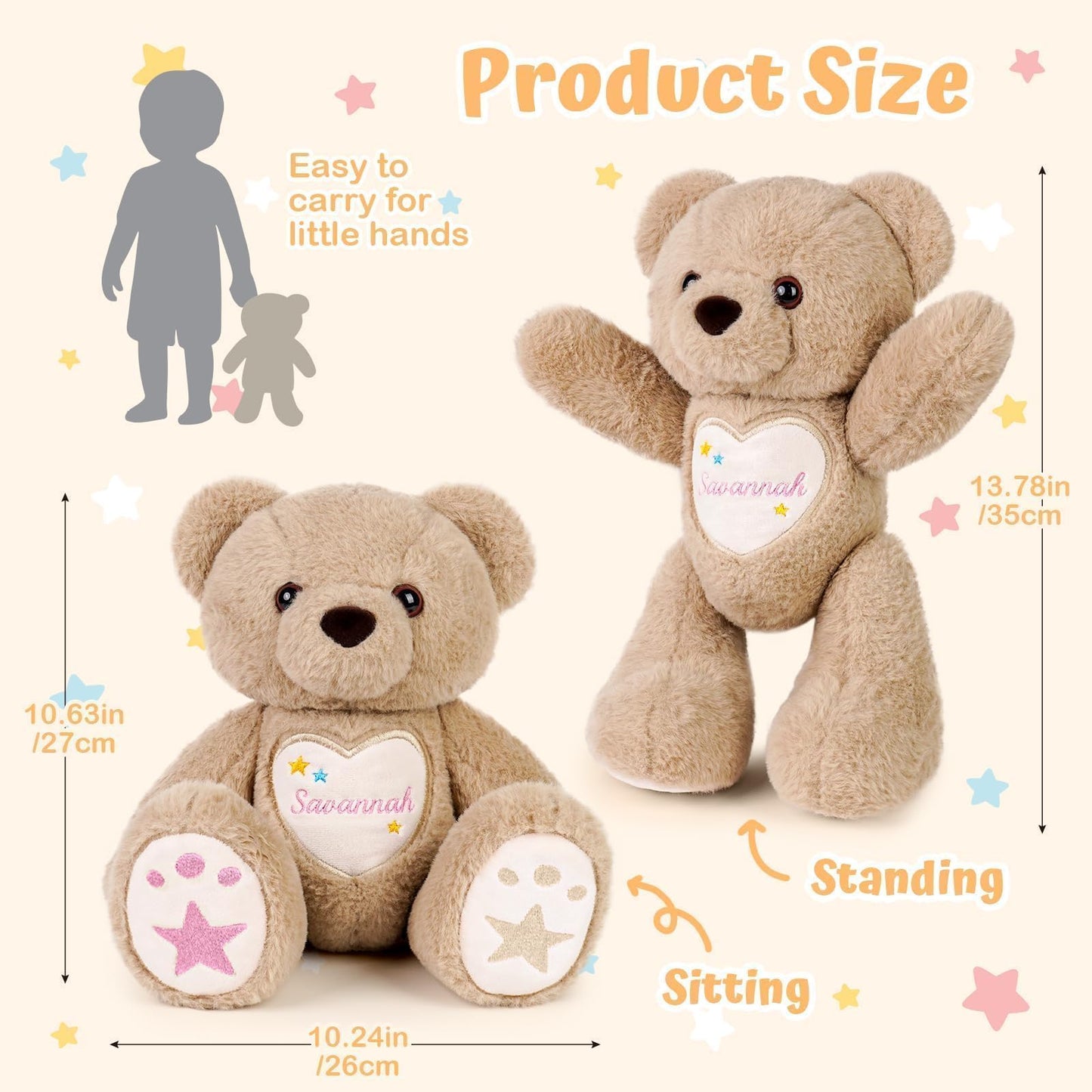 Customizedbee Custom Starlight Teddy Bear 14 in- Personalized Plush with Embroidered Name & Stars, Soft Huggable Toy with Poseab