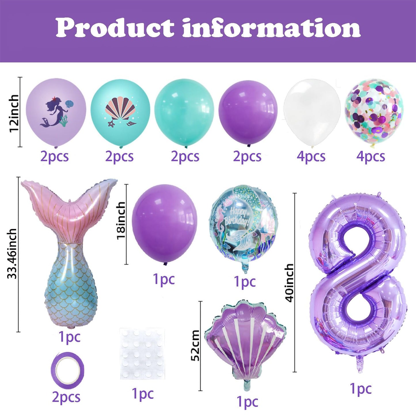 40 Inch Purple Number 8 Balloon,Giant Large Number 8 Balloon,8Th Birthday Mermaid Balloons,Children'S Birthday Party Baby Shower