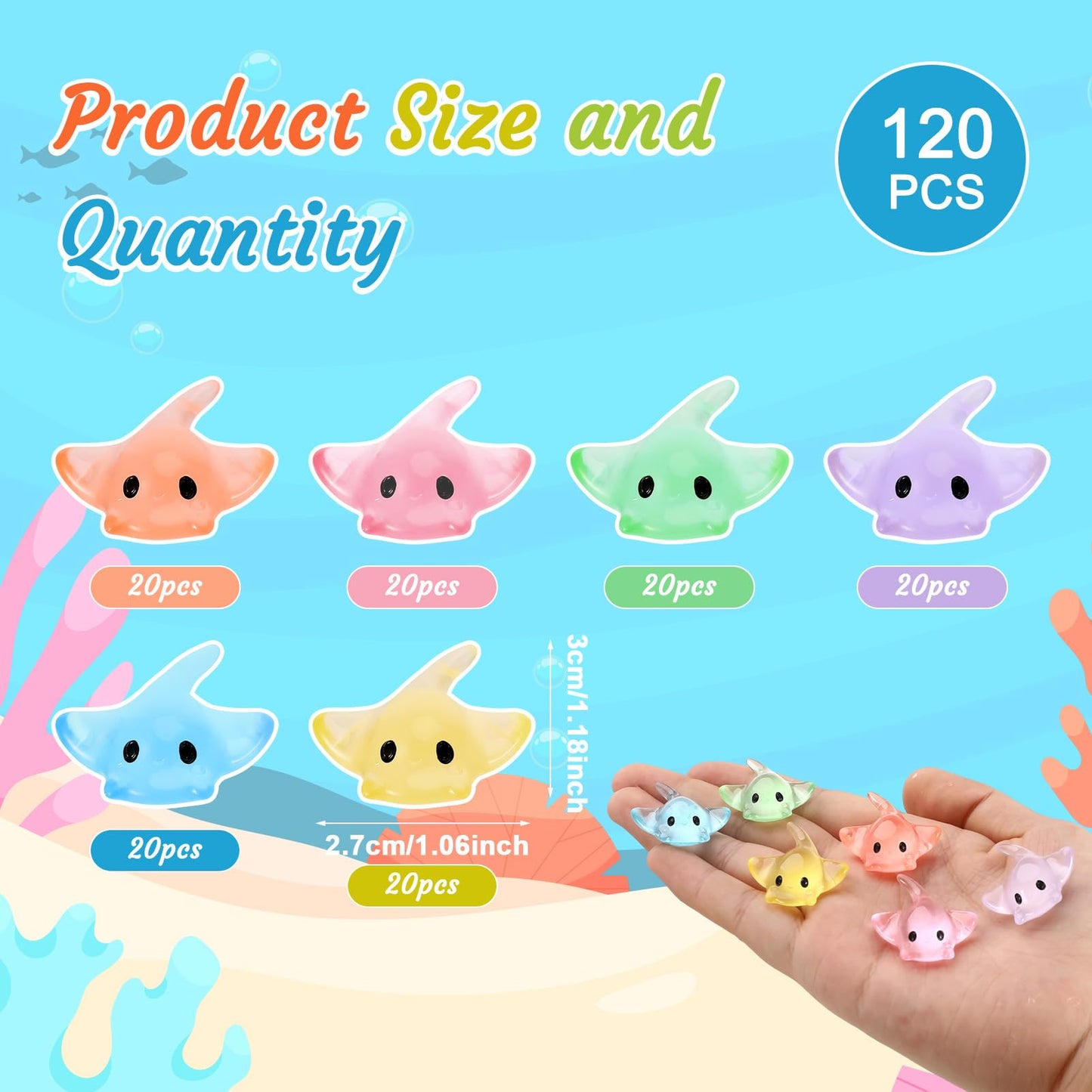 GGSTDDUP 120 PCS Miniature Sting Ray Statues, Mini Sting Ray Fish Cake Decoration, Mini Sting Ray Fish Marine Animal Toy Cake De