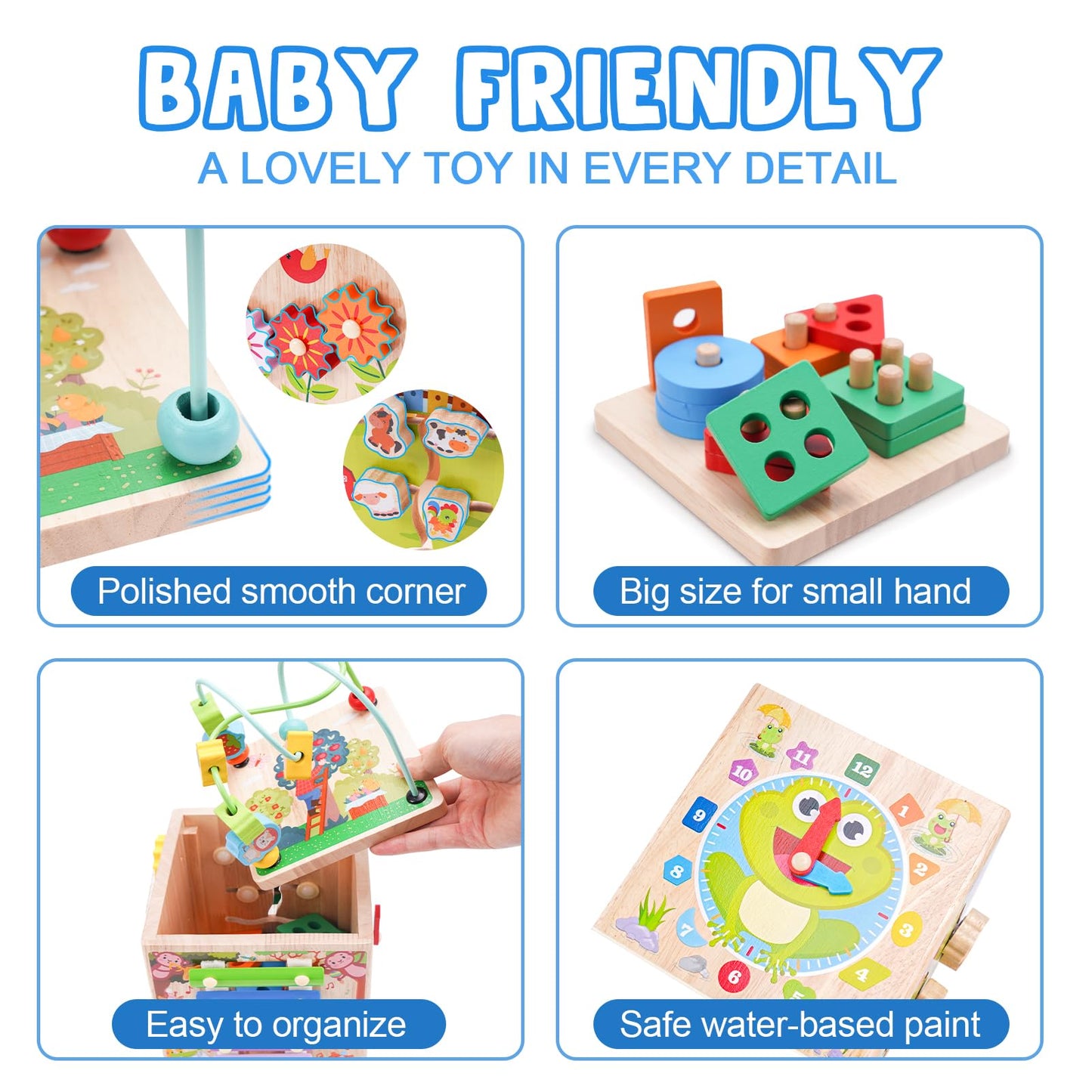 Wooden Activity Cube | Montessori Toys For 1 2 3 Year Old Toddlers | One Year Old 1St 2St First Birthday Gift | Educational Toys For 12+ Months Baby Boys Girls | Bonus Sorting & Stacking Game (Blue)