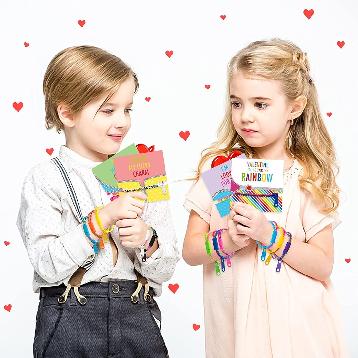 OuMuaMua 30Pcs Valentines Day Cards Gift for Kids Classroom - Valentines Cards with Fidget Zipper Bracelets Toy for Kids Valenti