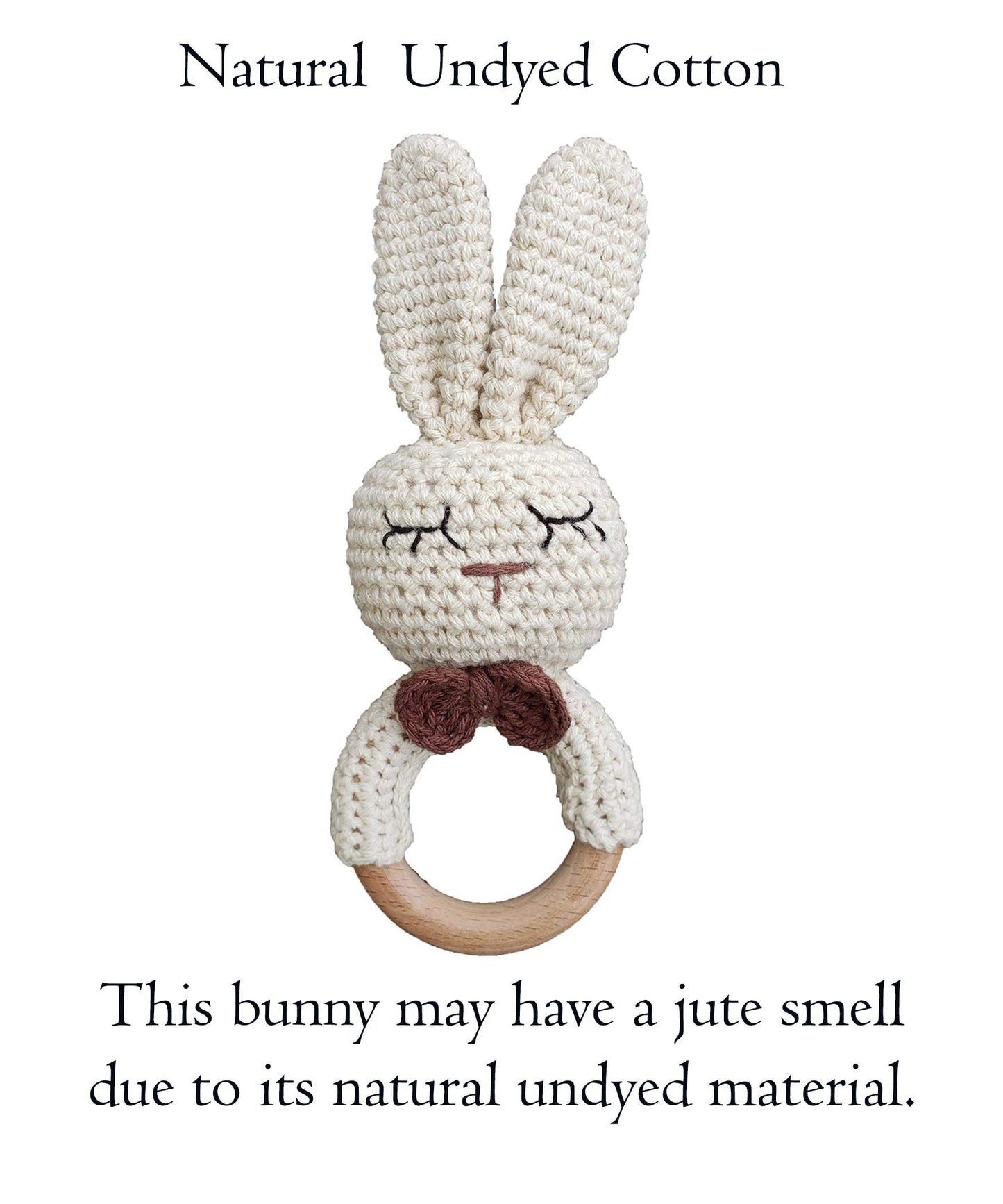 Natural Crochet Teether Toy Rattle For Baby Forest Friends Handmade Amigurumi Crochet Bunny Deer Fox On Natural Wooden Teething Ring Rattle Natural Baby Toys (Organic Bunny)