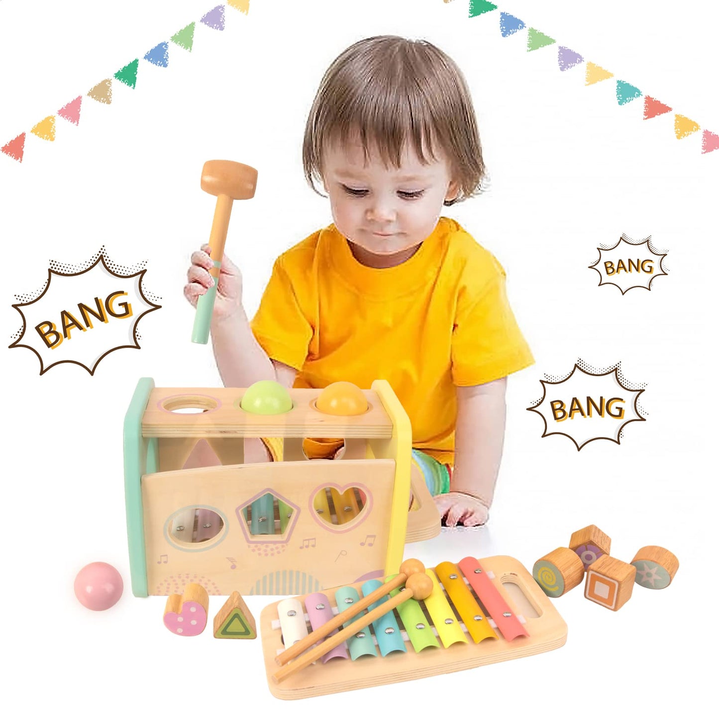 Woodenfun Hammering Pounding Toys Wooden Educational Toy Xylophone Shape Sorter, Birthday Gift For 1 2 3 Years Boys Girls Baby Toddler Kids Developmental Montessori Learning Toy (Yellow)