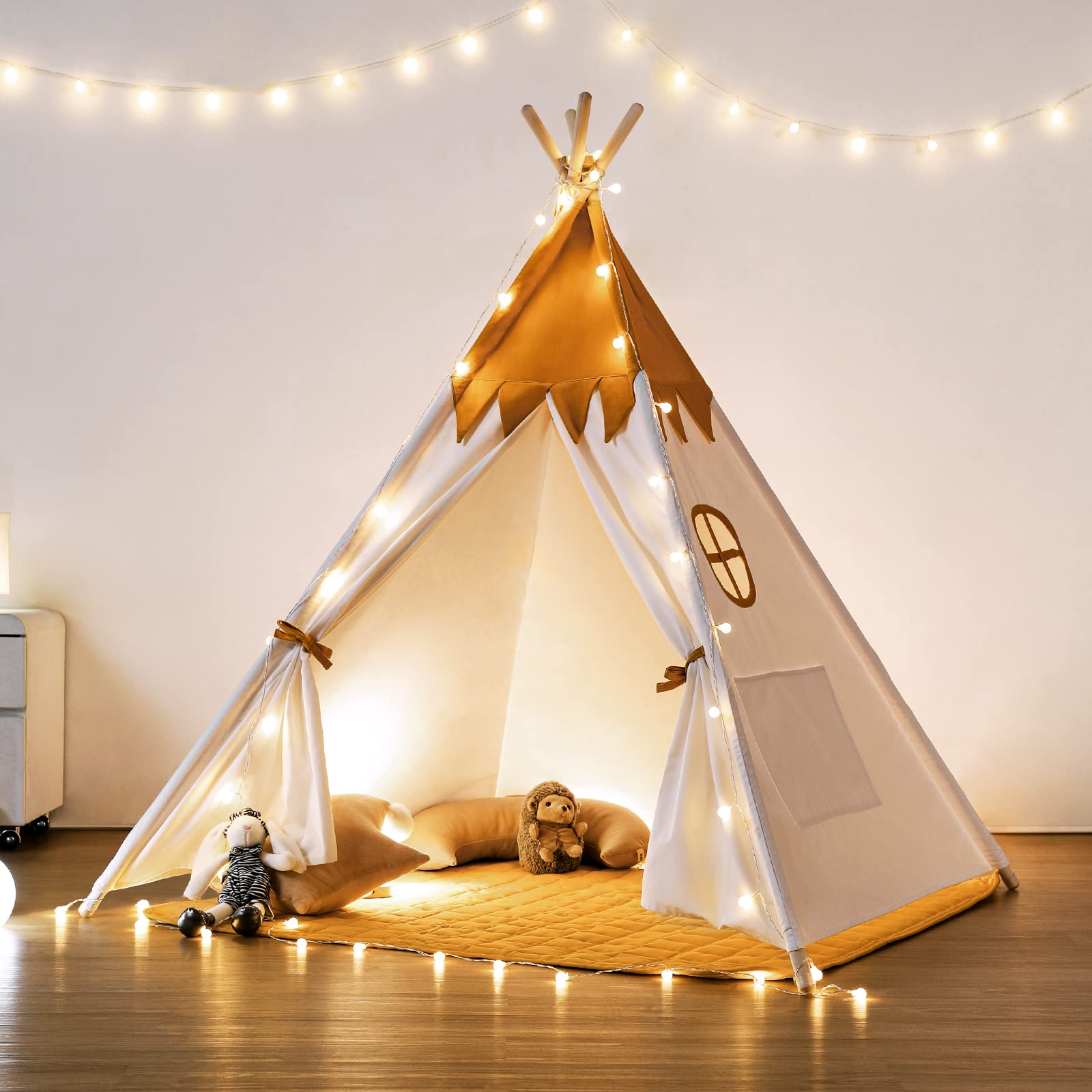 Besrey Toddler Teepee With Padded Mat And Lights, Play Tent For Kids Indoor, Baby Tipee Tent, Large Canvas Childrens Teepee, White Toddler Teepee, Gift For Boys And Girls (Yellow+White)