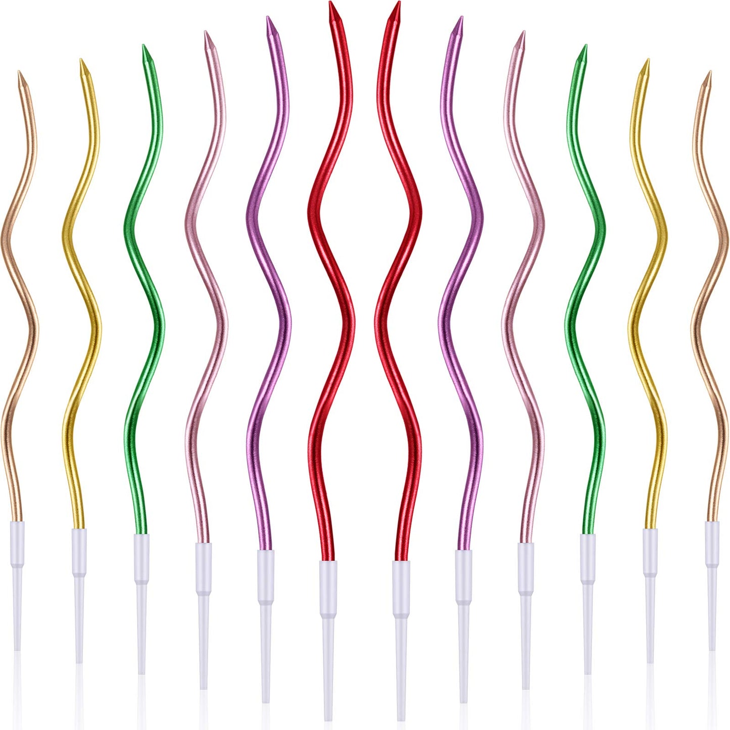 BBTO 12 Pcs Twisted Birthday Candles Spiral Metallic Cupcake Thin Long Cake Candles with Holders for Birthday Wedding Party(Asso