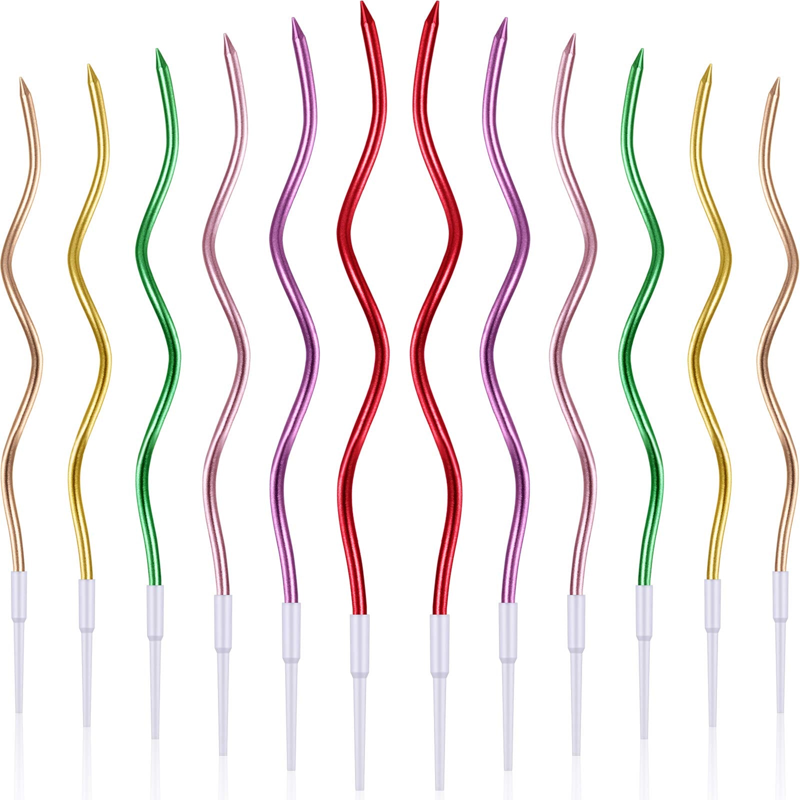 BBTO 12 Pcs Twisted Birthday Candles Spiral Metallic Cupcake Thin Long Cake Candles with Holders for Birthday Wedding Party(Asso