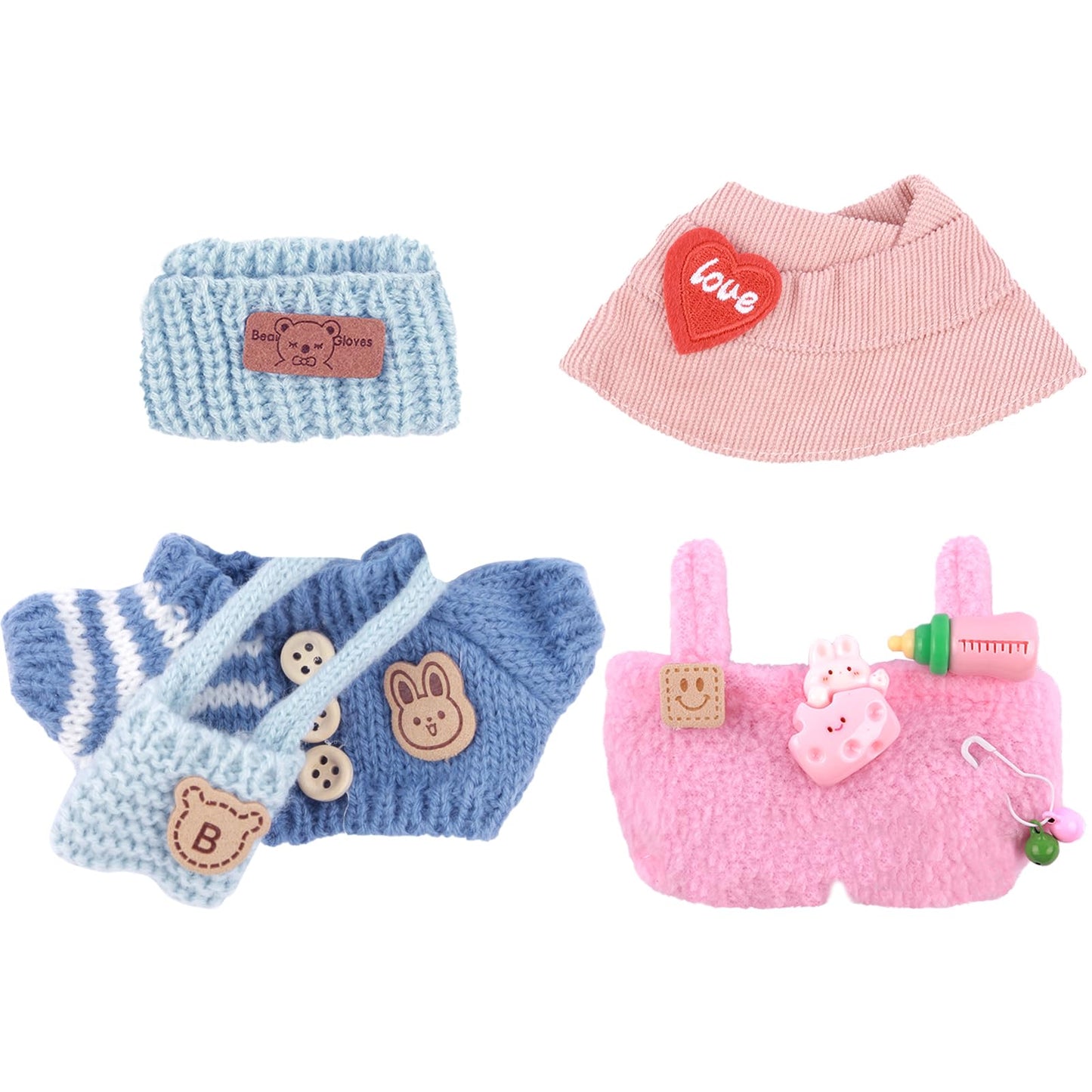 2 Sets of Clothes for Doll  5 Pcs Accessories for Doll 6.7in/17cm Outfits Knit Hat+T-Shirt+Bag  Sun Hat+Bib Pants