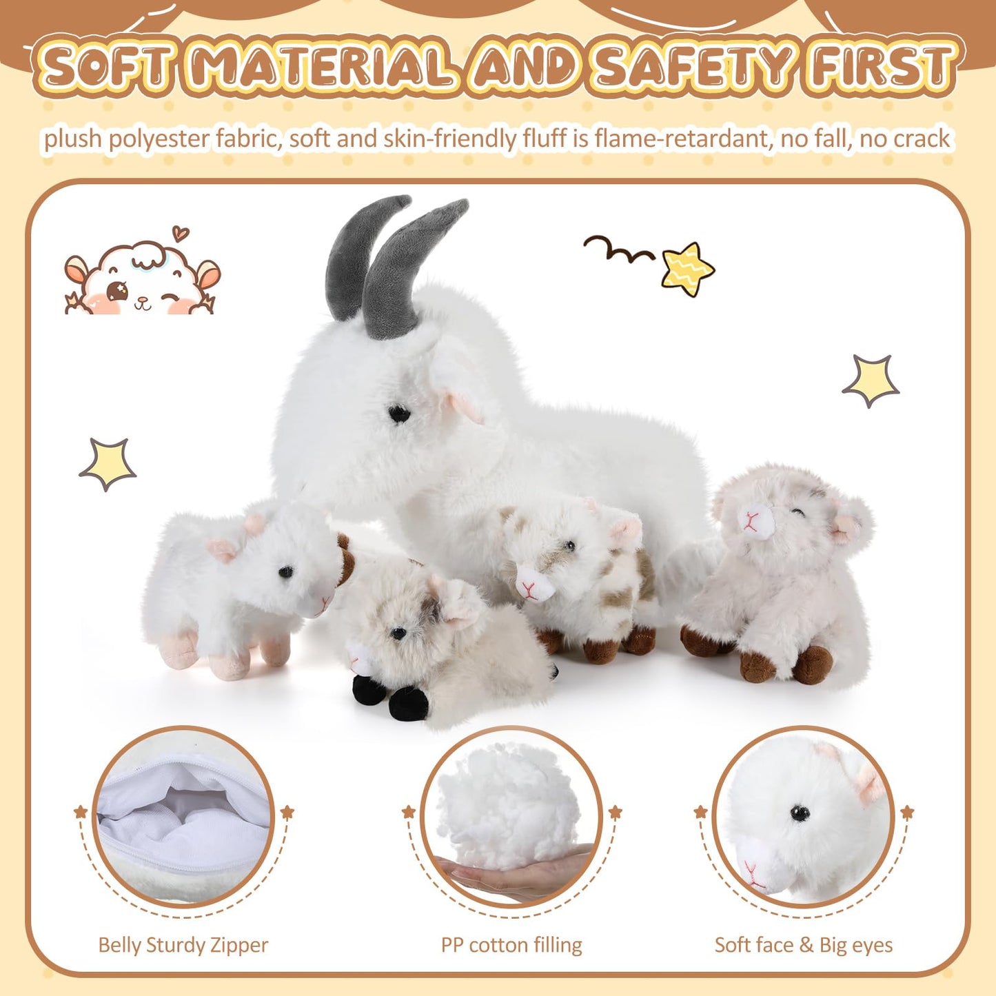 Hollowfly 5 Pcs Goat Plush Toys Gift Set 15.7 Large Mommy Goat Stuffed Animal White with 4 Cute Babies in Zippered Belly Nurturi