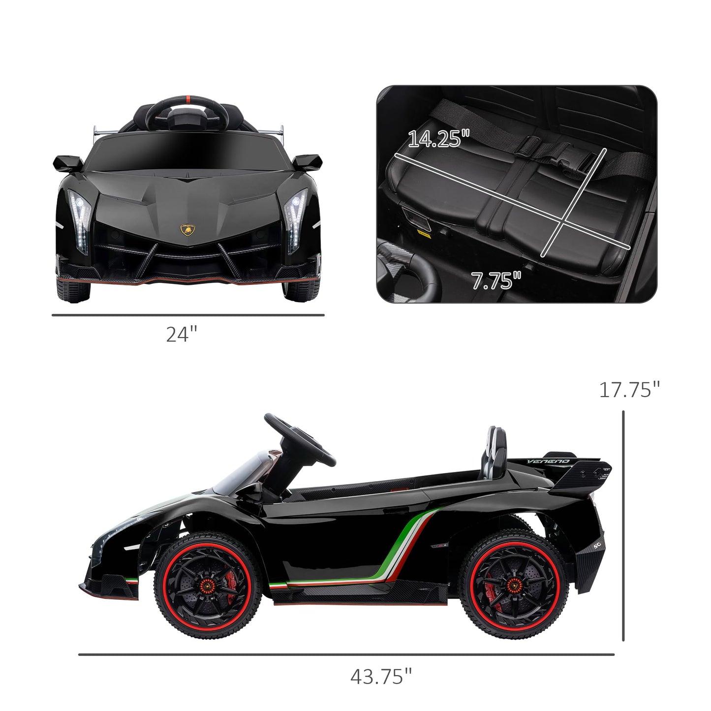 Aosom Lamborghini Veneno Licensed Kids Electric Car With Bluetooth, 12V Ride On Car With Butterfly Doors, Remote Control, Portable Battery, Suspension System, Horn, Songs, Lights, Black
