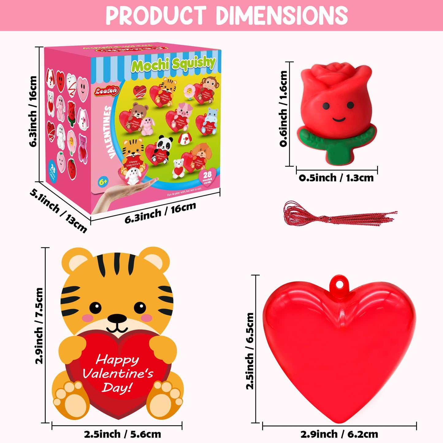 28 Pack Valentine Mochi Squishies Toys and Valentine Cards for Kids, Animal Mochi Squishies Filled Hearts, Kawaii Squishies Stre