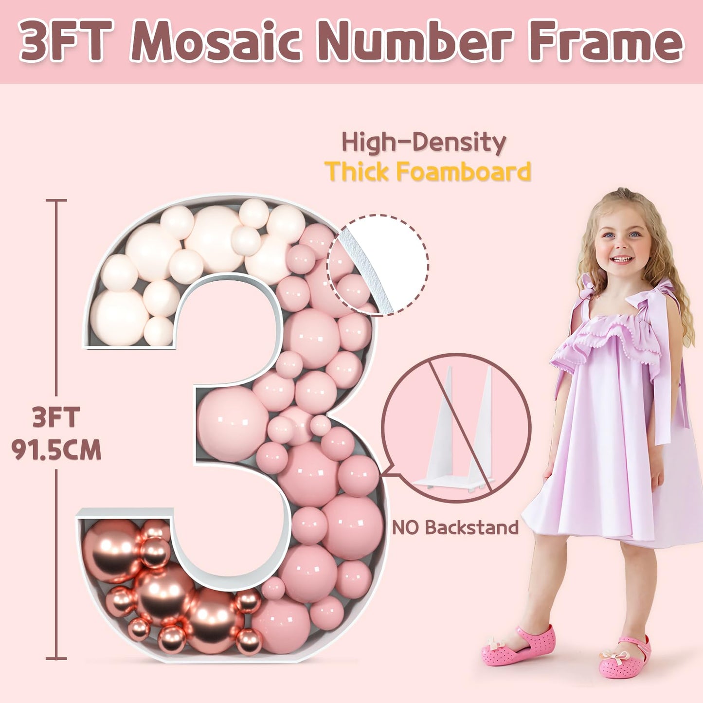 Imprsv 3Ft Mosaic Numbers For Balloons, Marquee Number, Mosaic Number Frame, Number 3 Balloon For Class Of 2023 Decorations, 3Rd