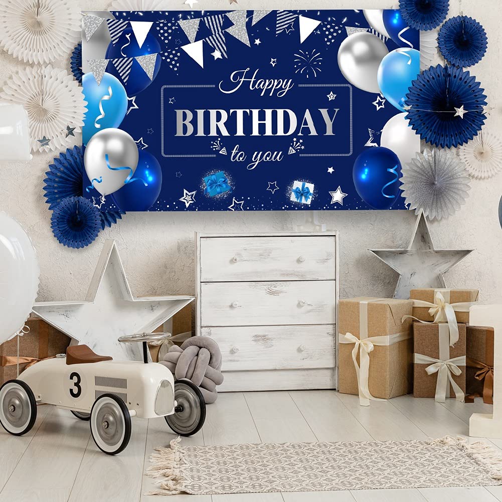 Happy Birthday Banner Large Navy Blue Silver And White Balloons Sign Poster For Children Men Women Birthday Anniversary Party De