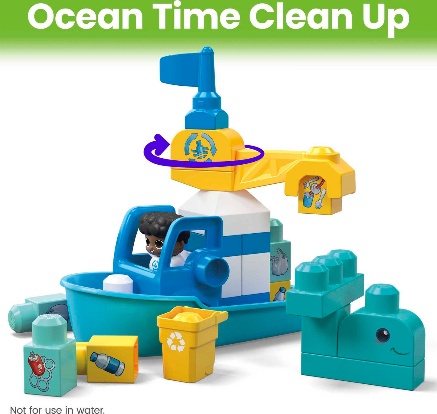 MEGA BLOKS Fisher-Price Toddler Building Blocks Toy Set, Green Town Ocean Time Clean Up with 70 Pieces, 3 Figures, Ages 1+ Years