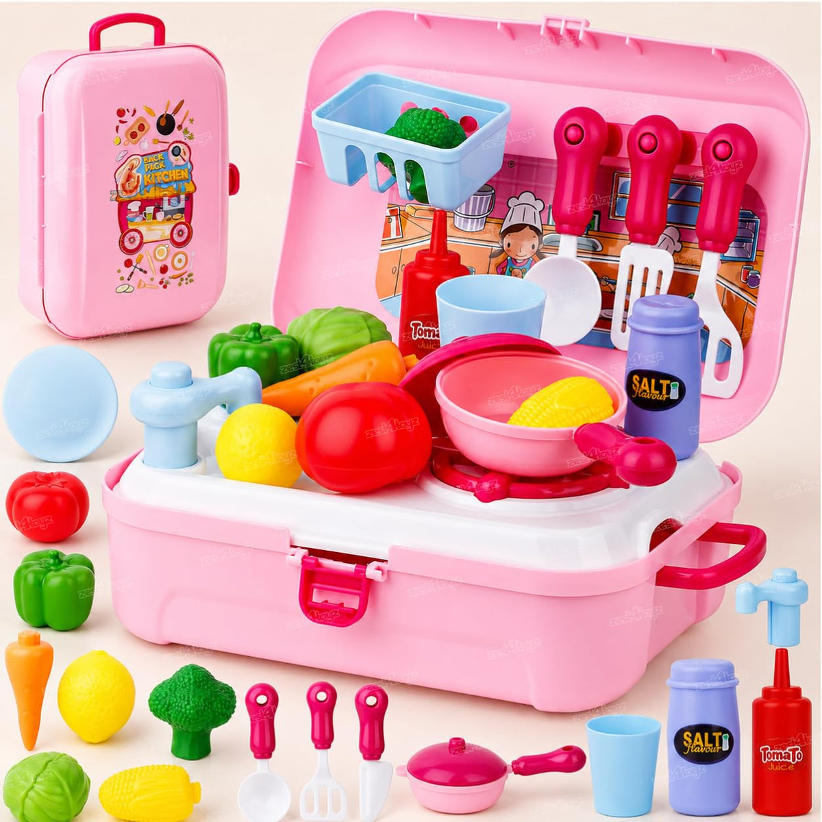 Zest 4 Toyz Kitchen Set for Kids Girls Pretend Play Toys with Light and Sound Portable Trolley Cooking Set Early Educational Toy