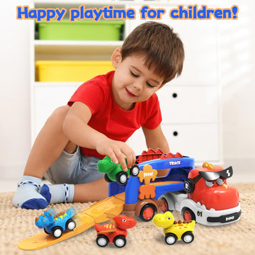 seveclotree Dinosaur Toys for Kids 2 3 4 5 6,5 in 1 Dinosaur Truck with 4 Dino Car,Light & Sound,Toys for 2-7 Year Old Boys Todd