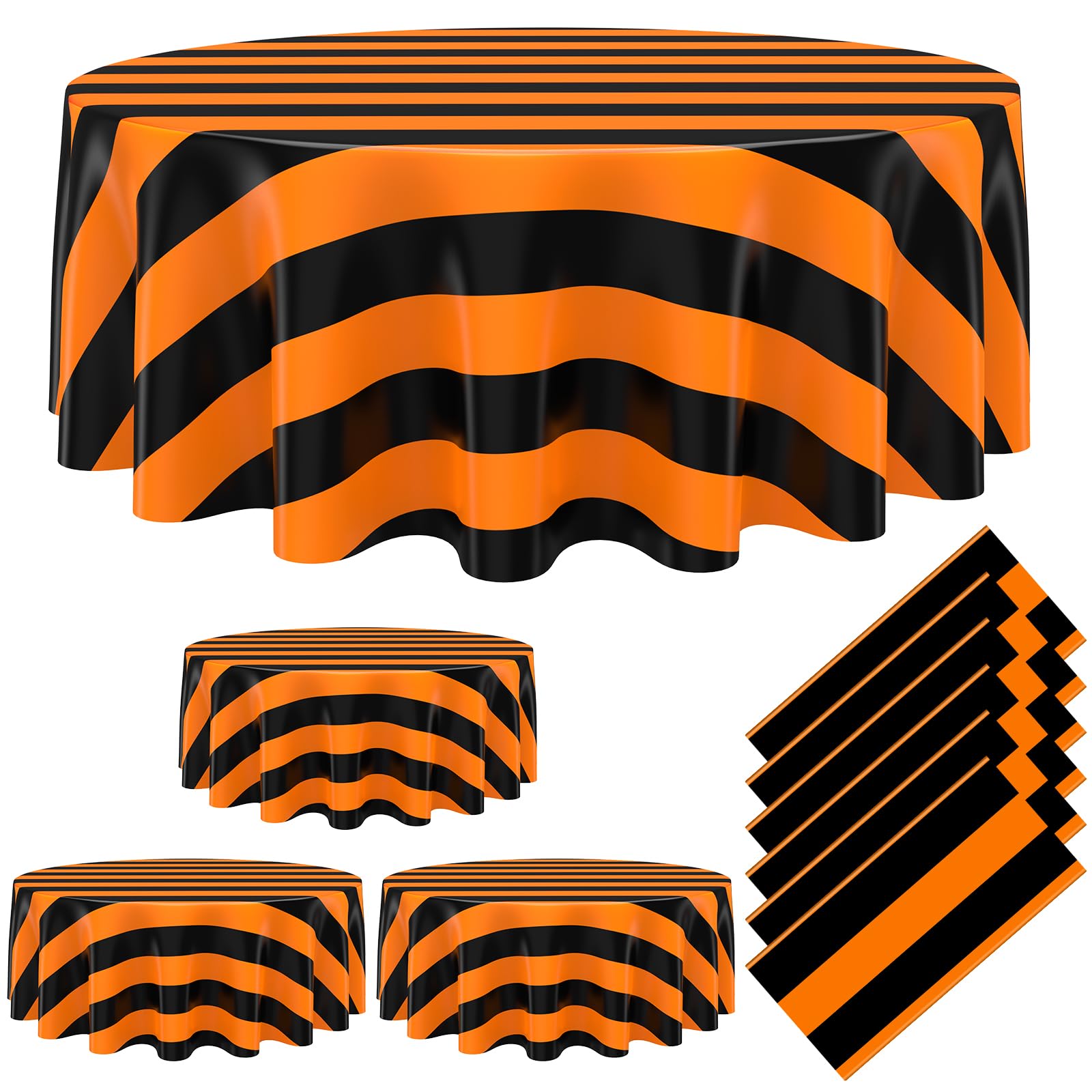 Tatuo 6 Pcs Black and Orange Round Circus Table Cloth 84 Inch Carnival Circus Tablecloths Striped Disposable Plastic Table Cover