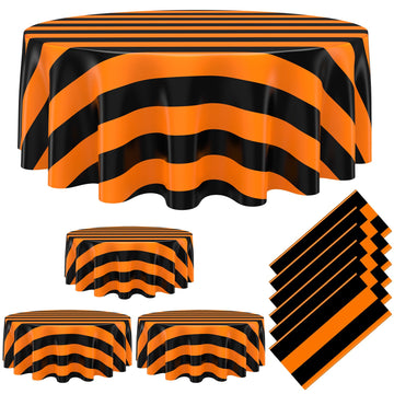 Tatuo 6 Pcs Black and Orange Round Circus Table Cloth 84 Inch Carnival Circus Tablecloths Striped Disposable Plastic Table Cover