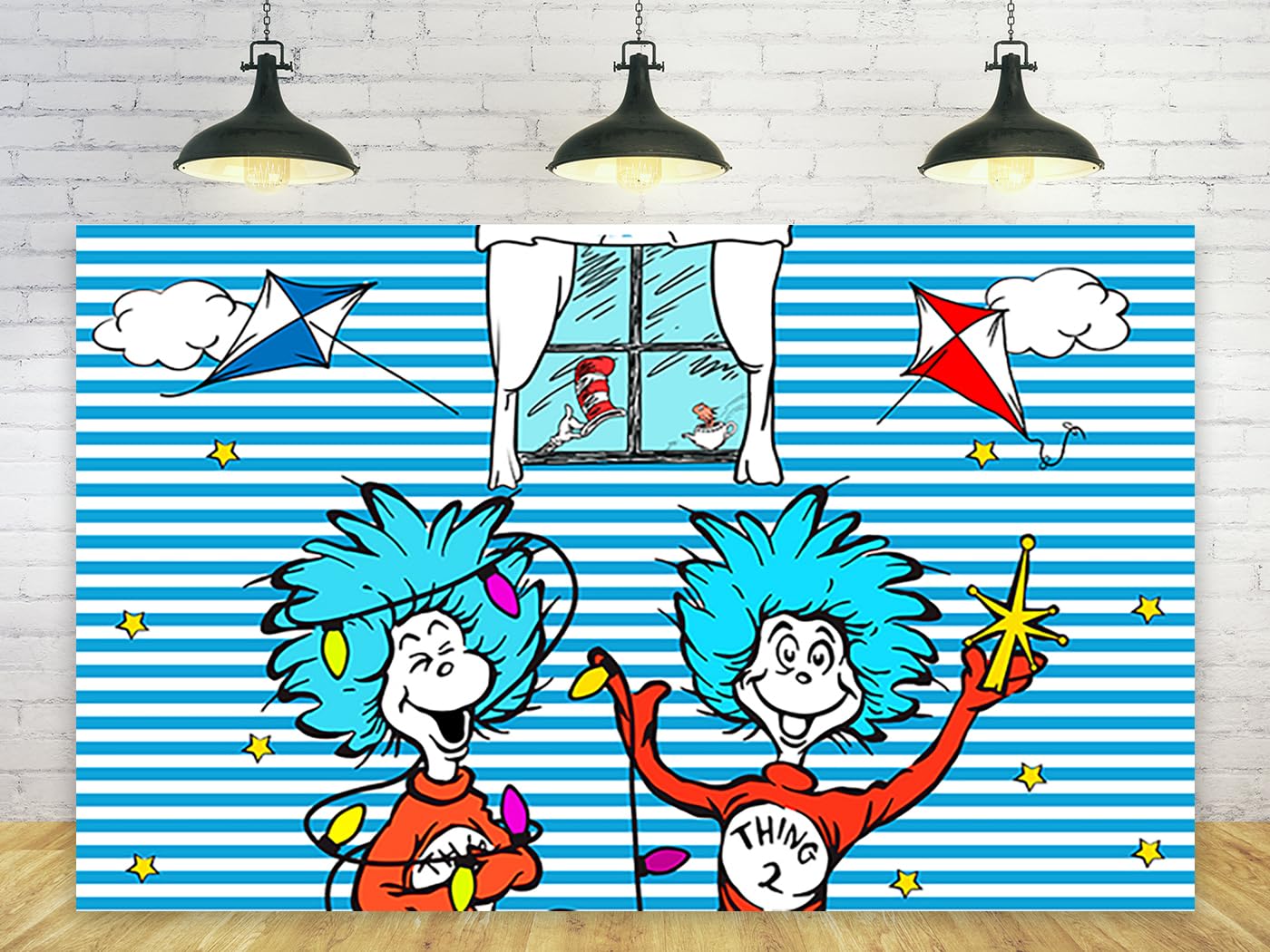 Blue Stripes Backdrop Party Supplies Birthday Theme Photo Background Cat in The Hat Banner for Birthday Party Caketable Decorati