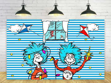 Blue Stripes Backdrop Party Supplies Birthday Theme Photo Background Cat in The Hat Banner for Birthday Party Caketable Decorati