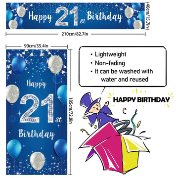 Happy 21St Birthday Door Cover Porch Banner Sign Set - 21 Years Old Birthday Decoraions Party Supplies For Men - Blue