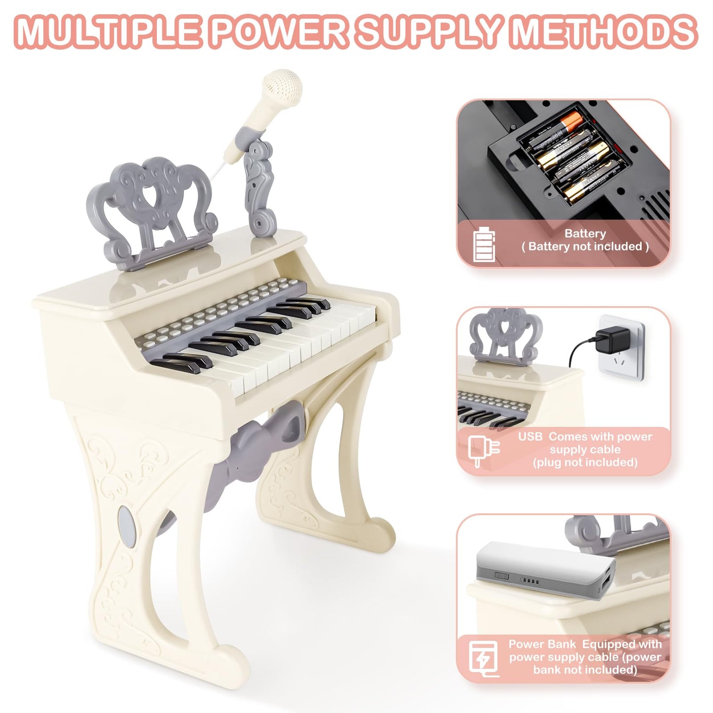 Deao Children'S Piano For Girls, Children'S Musical Piano Keyboard Toys, Electronic Piano Toy With Stool And Microphone, 25 Keys, 22 Songs (White)